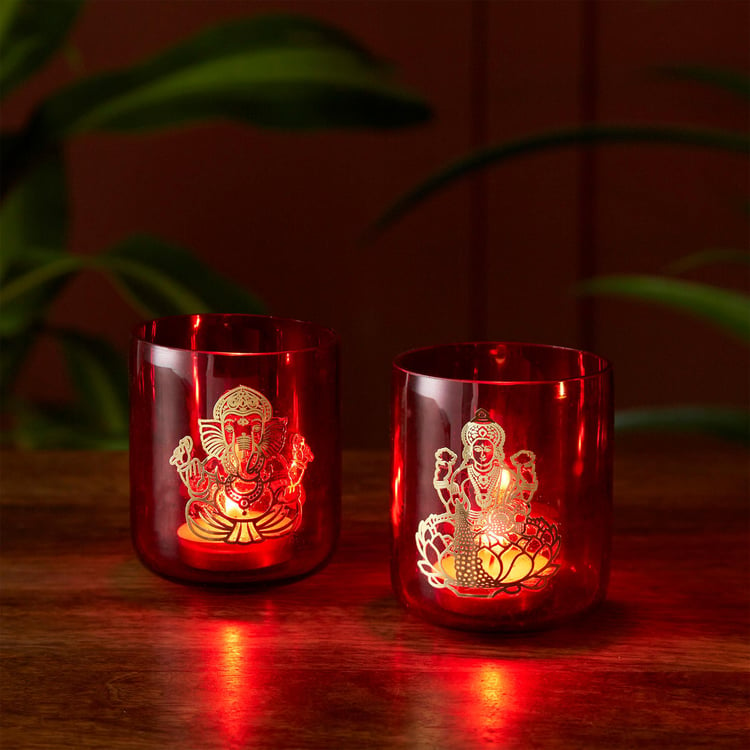 Vrindawan Red and Gold Printed Glass T-Light Holder -Set of 2