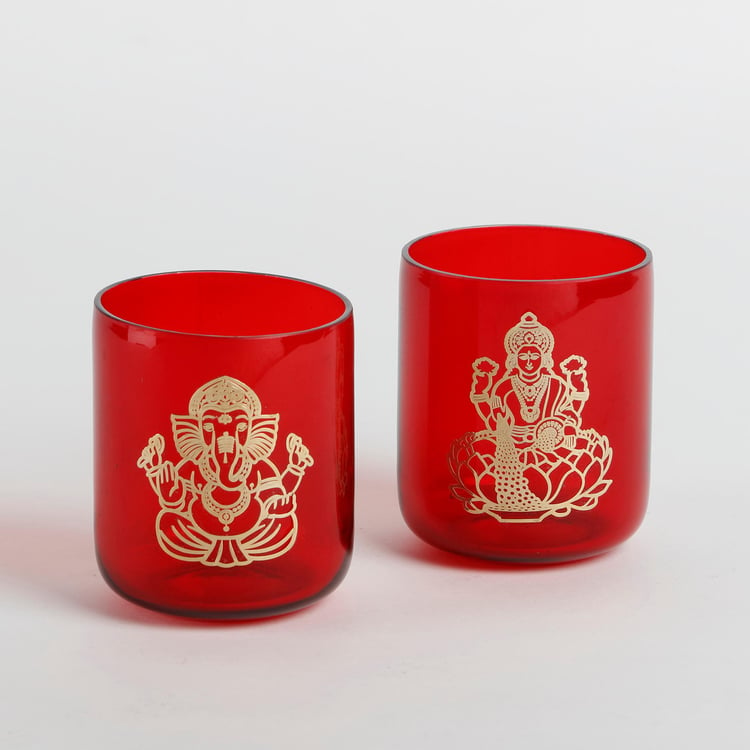 Vrindawan Red and Gold Printed Glass T-Light Holder -Set of 2