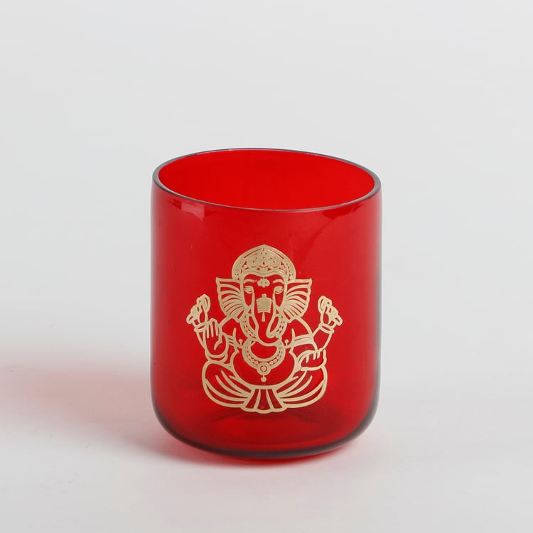 Vrindawan Red and Gold Printed Glass T-Light Holder -Set of 2