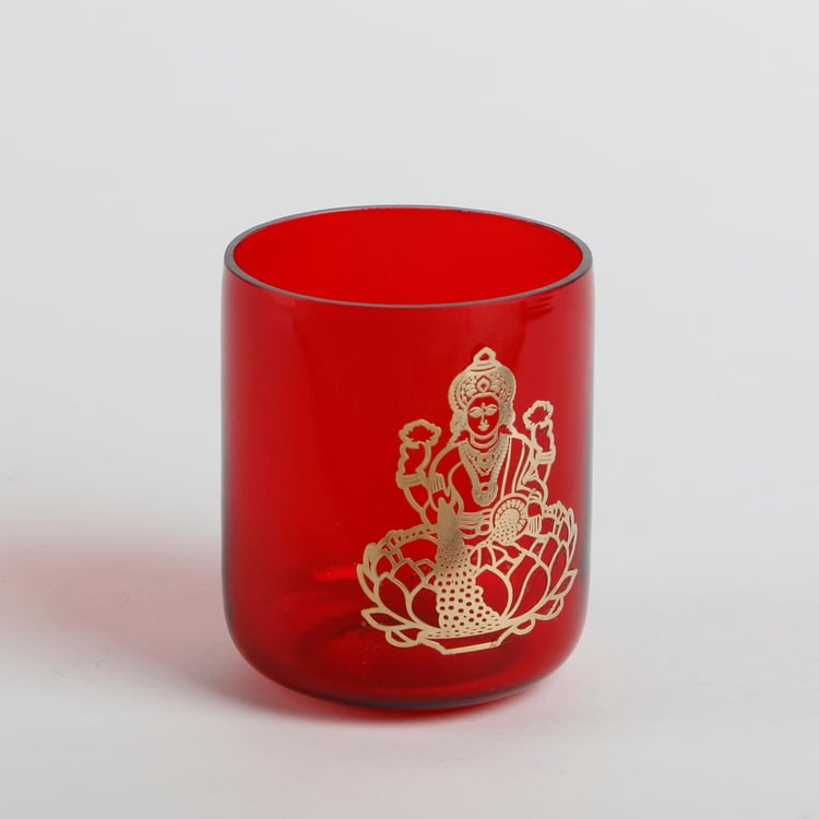 Vrindawan Red and Gold Printed Glass T-Light Holder -Set of 2