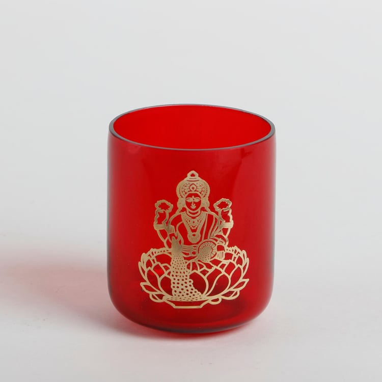 Vrindawan Red and Gold Printed Glass T-Light Holder -Set of 2