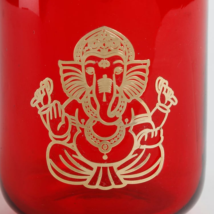 Vrindawan Red and Gold Printed Glass T-Light Holder -Set of 2