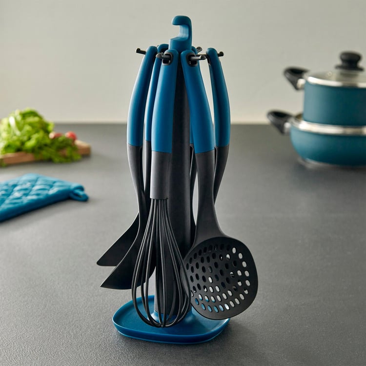 Food Icon Blue and Grey Colourblock Nylon Multi Tool Kitchen Set - 7 Pcs