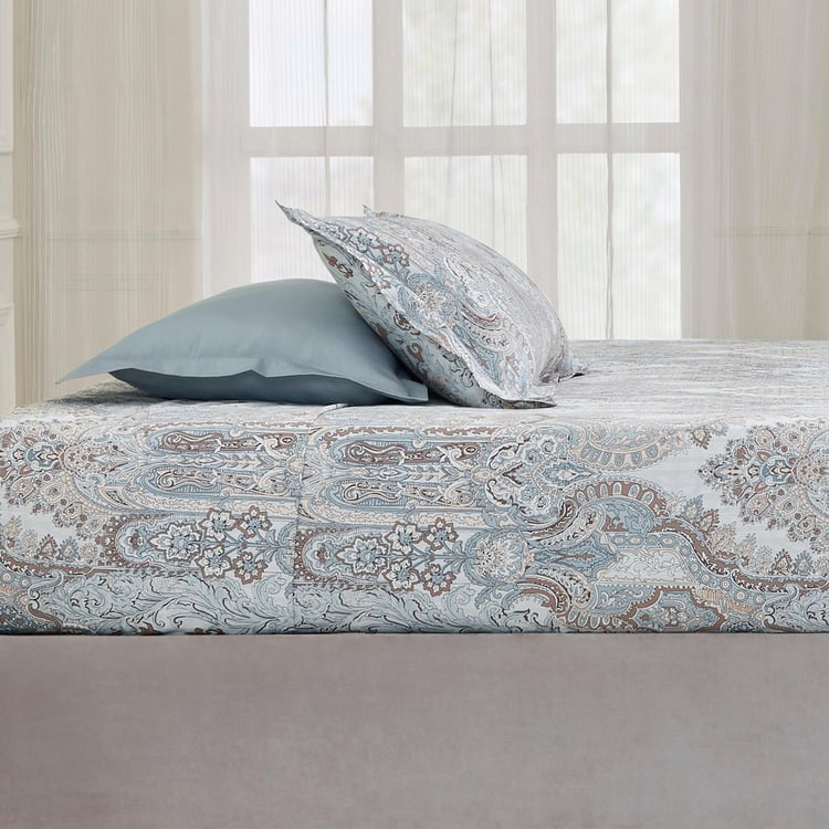 TRIDENT Nectarsoft Blue Printed Cotton Super King Bedsheet Set - 274x274cm - 4Pcs