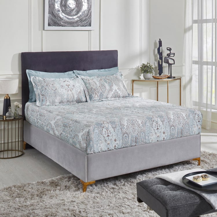 TRIDENT Nectarsoft Blue Printed Cotton Super King Bedsheet Set - 274x274cm - 4Pcs