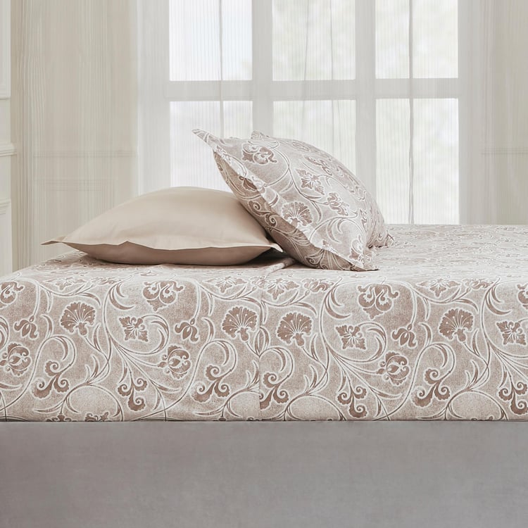 TRIDENT Nectarsoft White Printed Cotton Super King Bedsheet Set - 274x274cm - 5Pcs