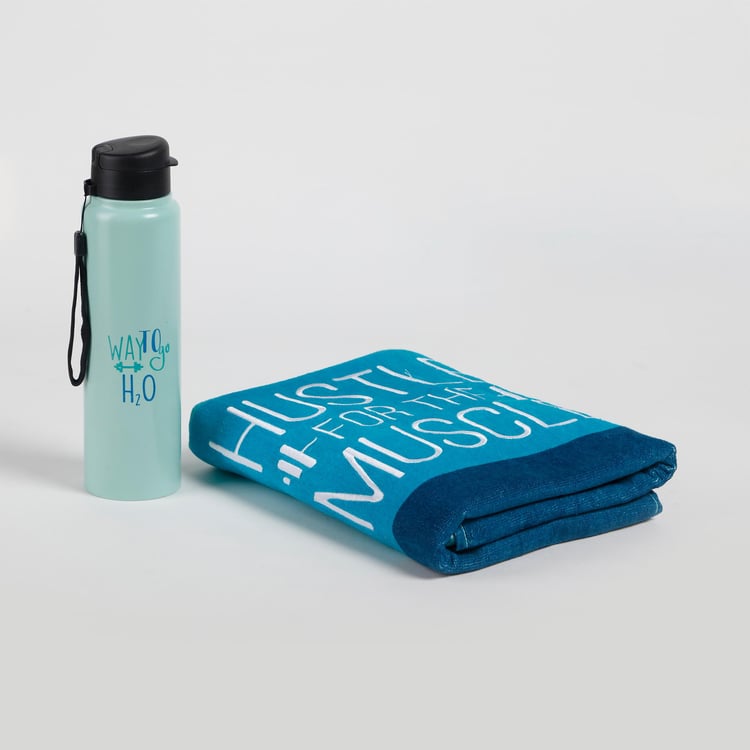 Unwind Cotton Bath Towel and Water Bottle Set - Teal