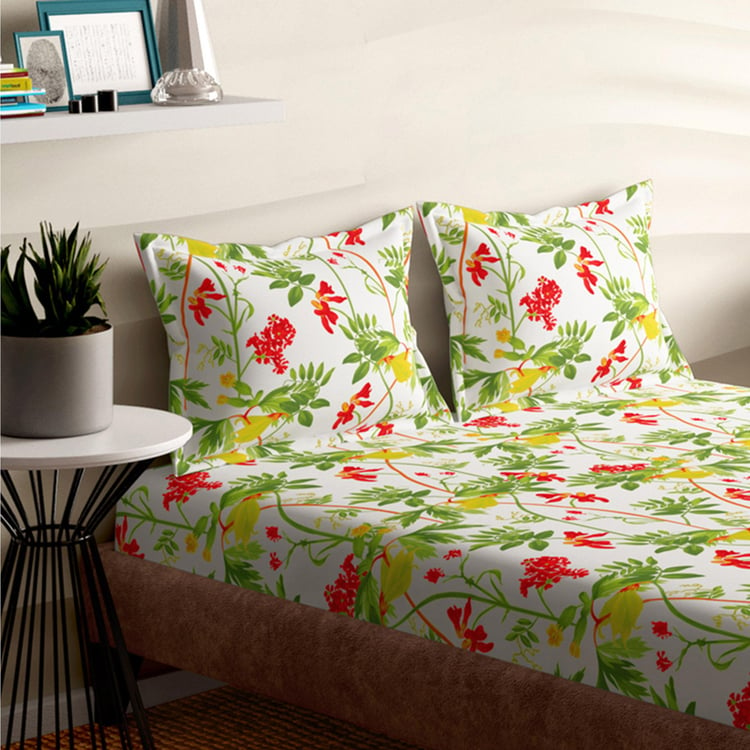 PORTICO Magnum White Floral Printed Cotton Super King Bedsheet Set - 274x274cm - 3Pcs