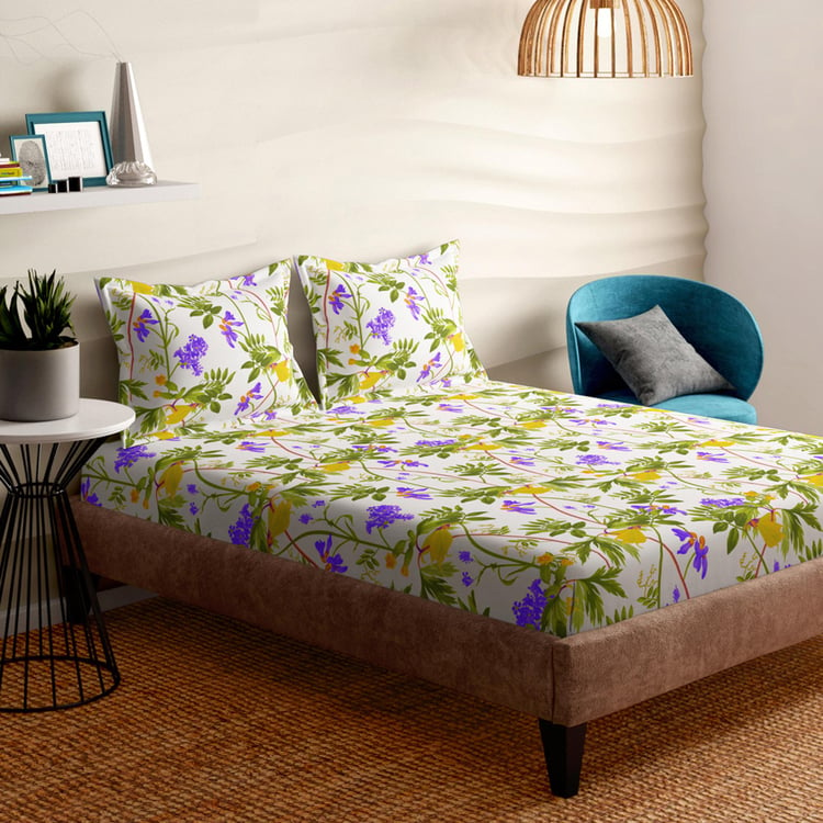 PORTICO Magnum Yellow Floral Printed Cotton Super King Bedsheet Set - 274x274cm - 3Pcs