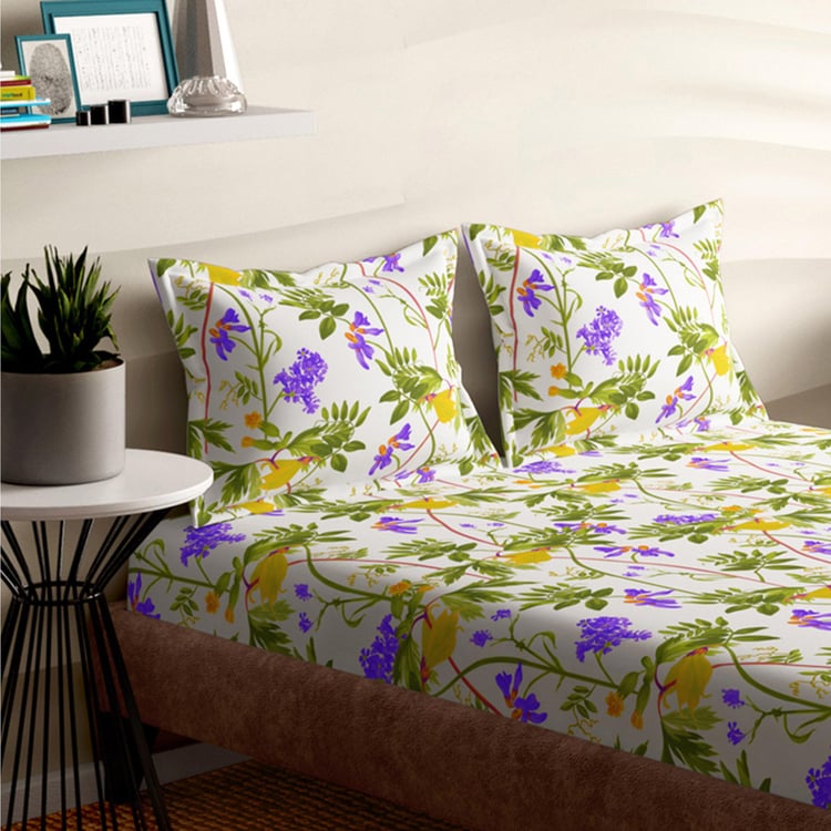 PORTICO Magnum Yellow Floral Printed Cotton Super King Bedsheet Set - 274x274cm - 3Pcs