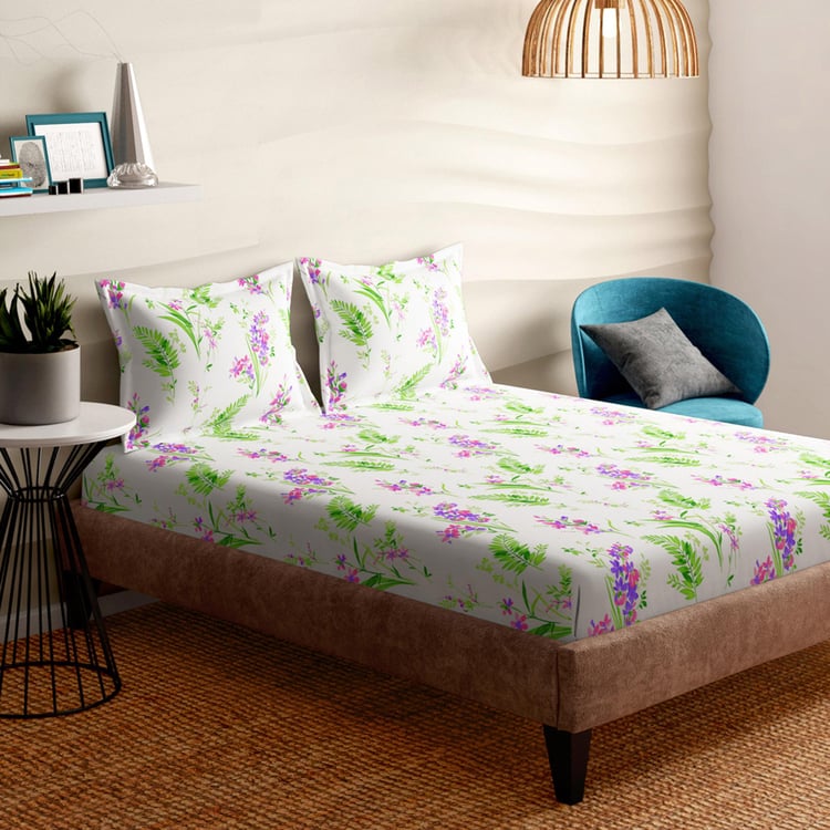 PORTICO Emerald White Floral Printed Cotton Super King Bedsheet Set - 274x274cm - 3Pcs