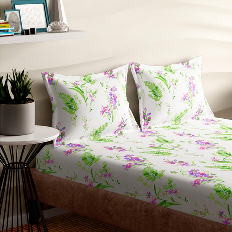 PORTICO Emerald White Floral Printed Cotton Super King Bedsheet Set - 274x274cm - 3Pcs