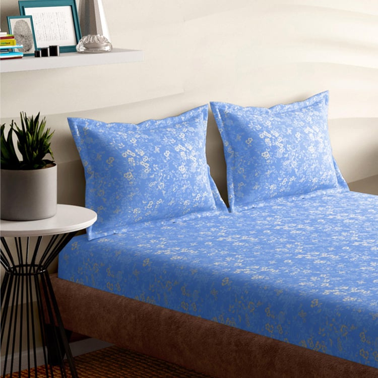 PORTICO Emerald Blue Printed Cotton Super King Bedsheet Set - 274x274cm - 3Pcs