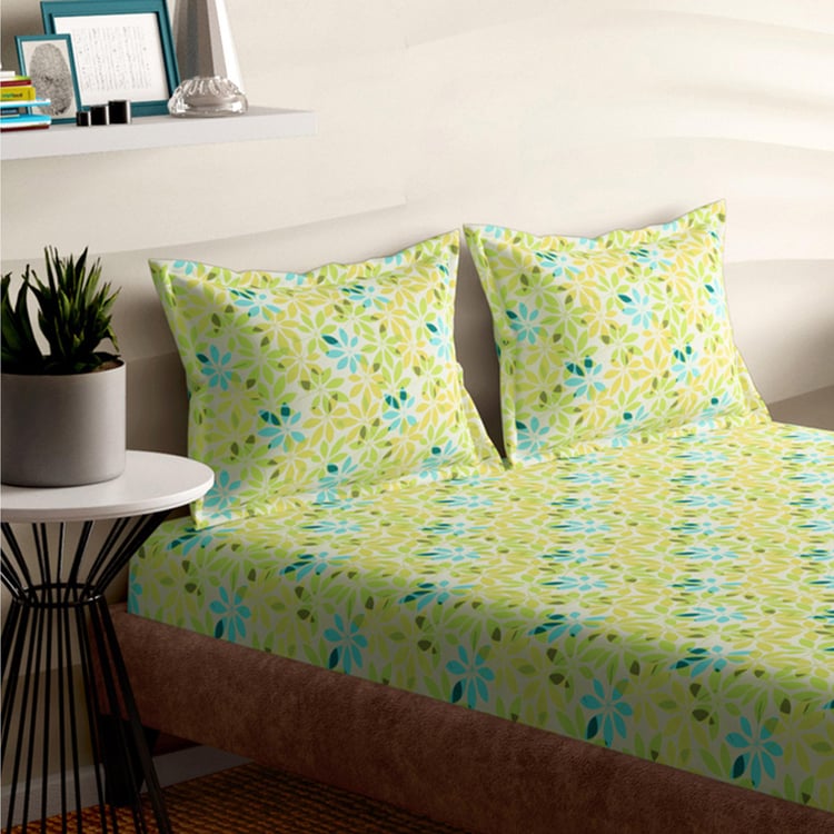 PORTICO Emerald Green Printed Cotton Super King Bedsheet Set - 274x274cm - 3Pcs