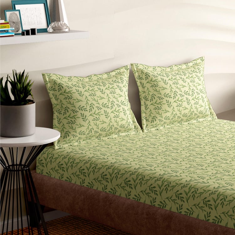 PORTICO Emerald Green Printed Cotton Super King Bedsheet Set - 274x274cm - 3Pcs