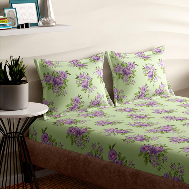 PORTICO Emerald Green Printed Cotton Super King Bedsheet Set - 274x274cm - 3Pcs