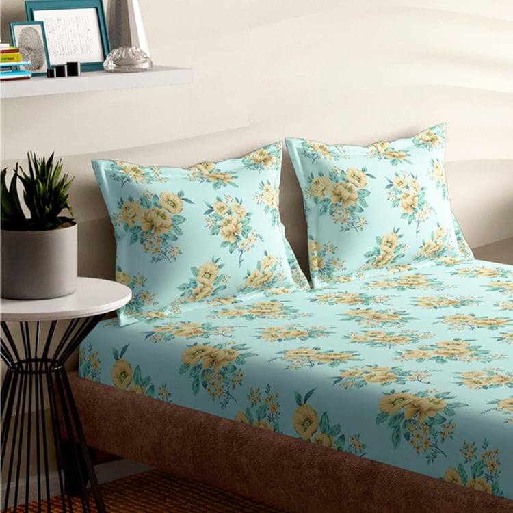 PORTICO Emerald Blue Printed Cotton Super King Bedsheet Set - 274x274cm - 3Pcs