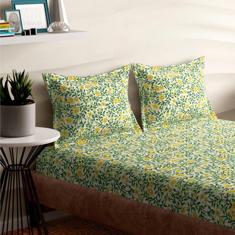 PORTICO Emerald Green Printed Cotton Super King Bedsheet Set - 274x274cm - 3Pcs