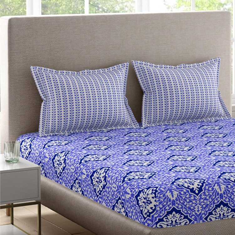 PORTICO Lavender Blue Printed Cotton Super King Bedsheet Set - 274x274cm - 3Pcs