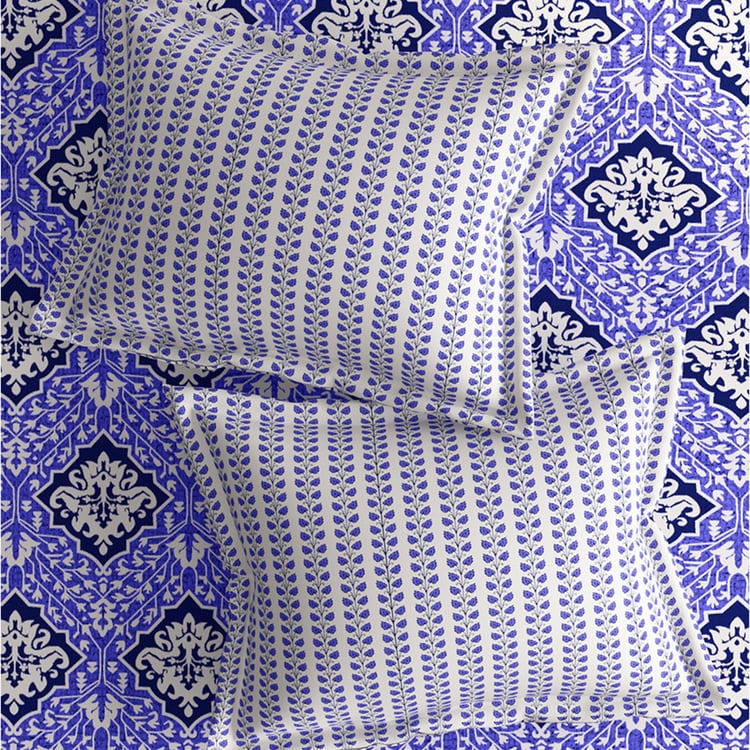 PORTICO Lavender Blue Printed Cotton Super King Bedsheet Set - 274x274cm - 3Pcs