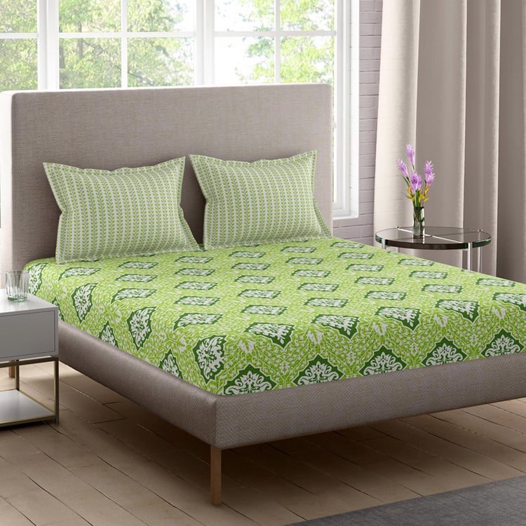 PORTICO Lavender Green Printed Cotton Super King Bedsheet Set - 274x274cm - 3Pcs