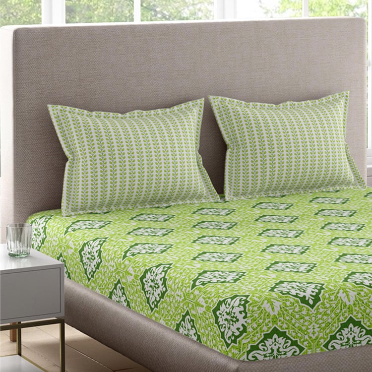 PORTICO Lavender Green Printed Cotton Super King Bedsheet Set - 274x274cm - 3Pcs