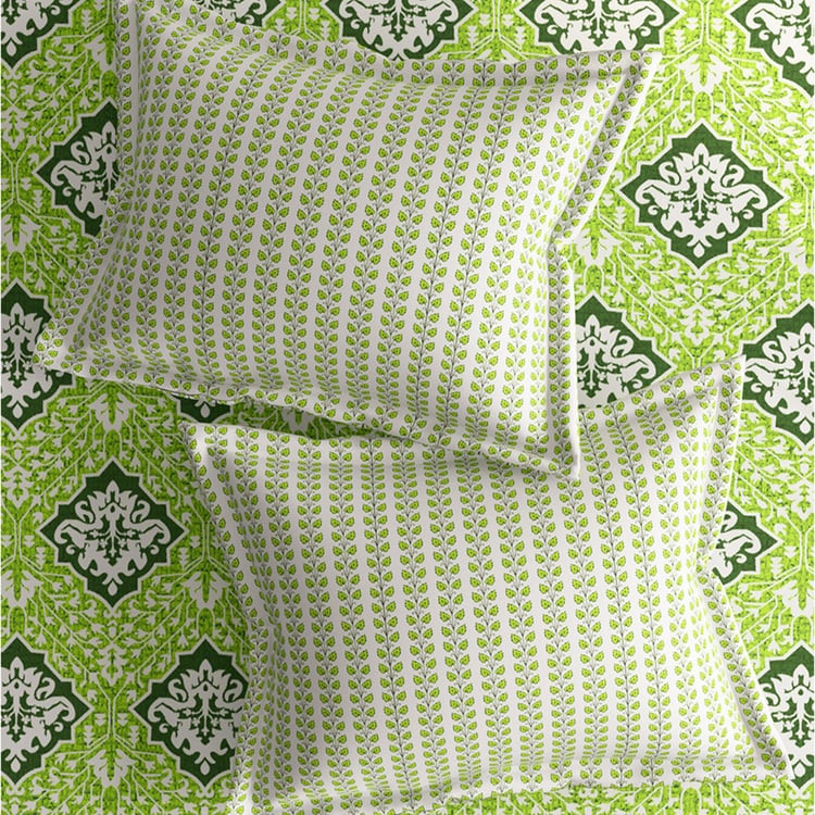 PORTICO Lavender Green Printed Cotton Super King Bedsheet Set - 274x274cm - 3Pcs