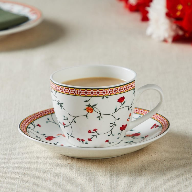 Lucas Floret White Printed Bone China Tea Cup and Saucer Set - 210ml - 2Pcs