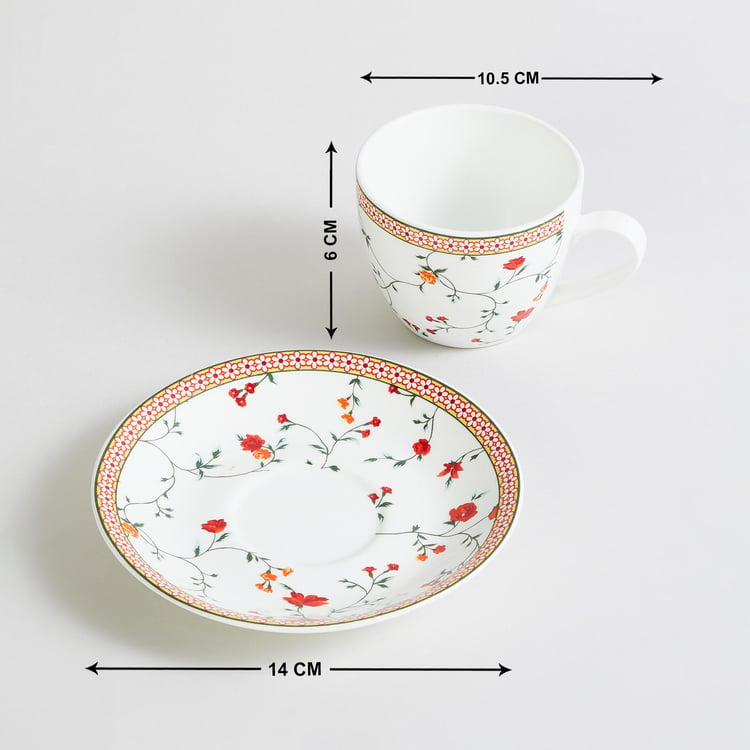 Lucas Floret White Printed Bone China Tea Cup and Saucer Set - 210ml - 2Pcs