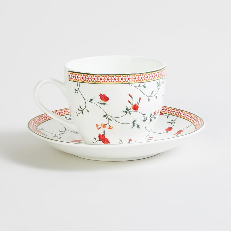 Lucas Floret White Printed Bone China Tea Cup and Saucer Set - 210ml - 2Pcs