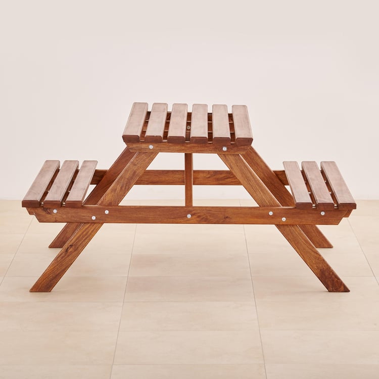 Romero Mango Wood Table and Twin Bench Set - Brown