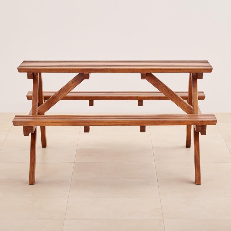 Romero Mango Wood Table and Twin Bench Set - Brown