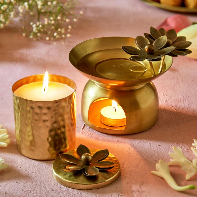 Vrindawan Metal Oil Burner and Jar Candle Set