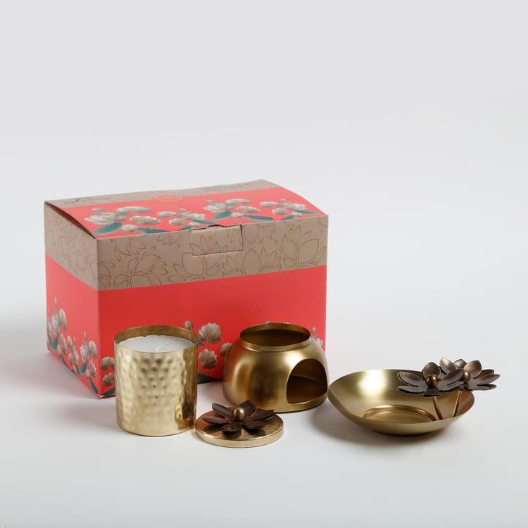 Vrindawan Metal Oil Burner and Jar Candle Set