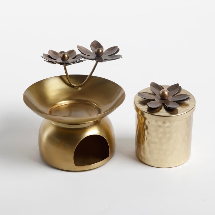 Vrindawan Metal Oil Burner and Jar Candle Set