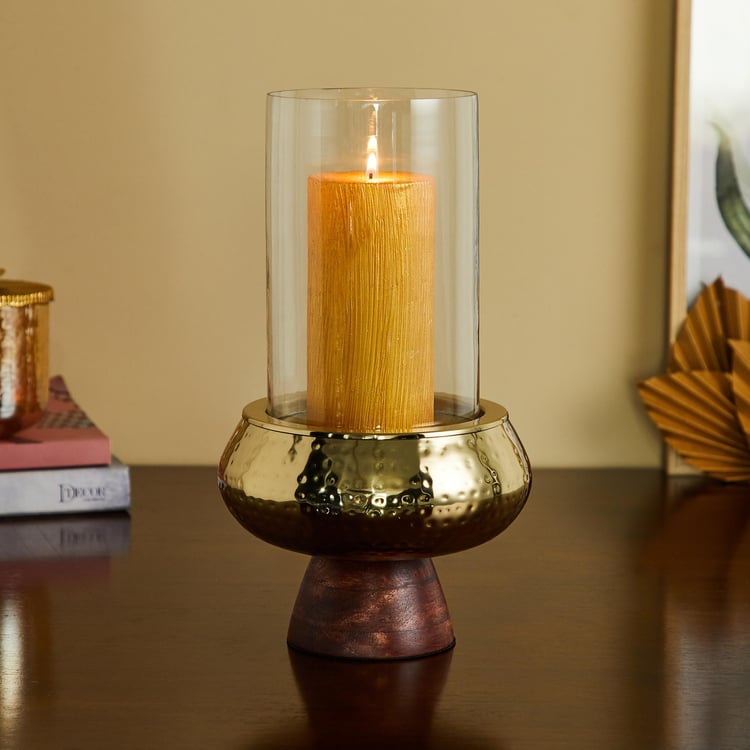 Gold Rush Metal Tall Candle Holder with Wood Base