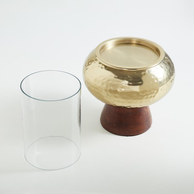 Gold Rush Metal Small Candle Holder with Wooden Base