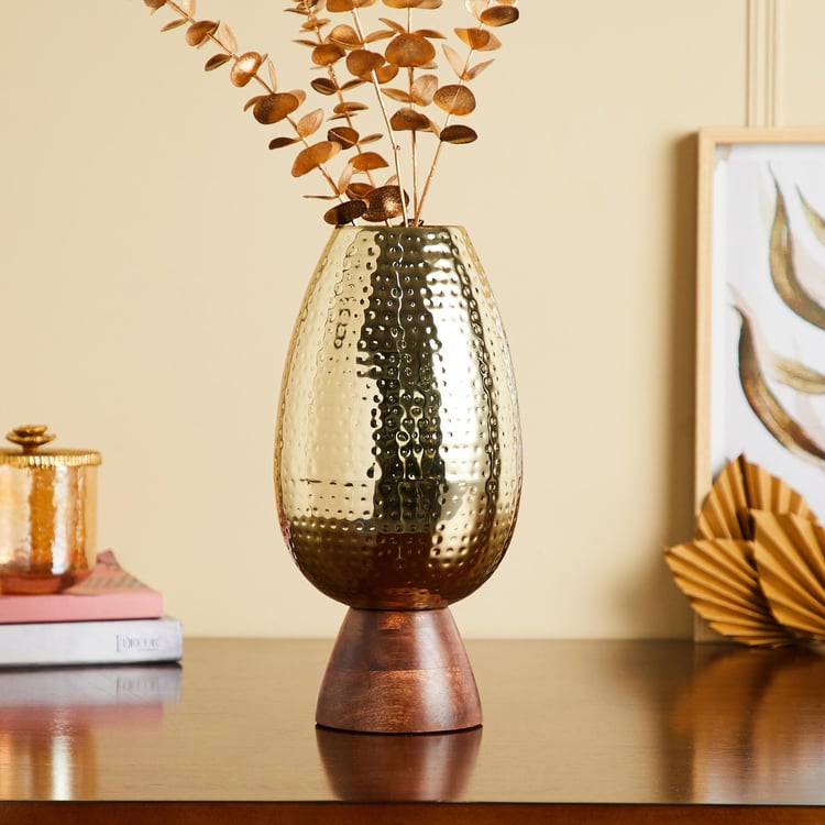 Gold Rush Metal Hammered Vase with Wooden Base