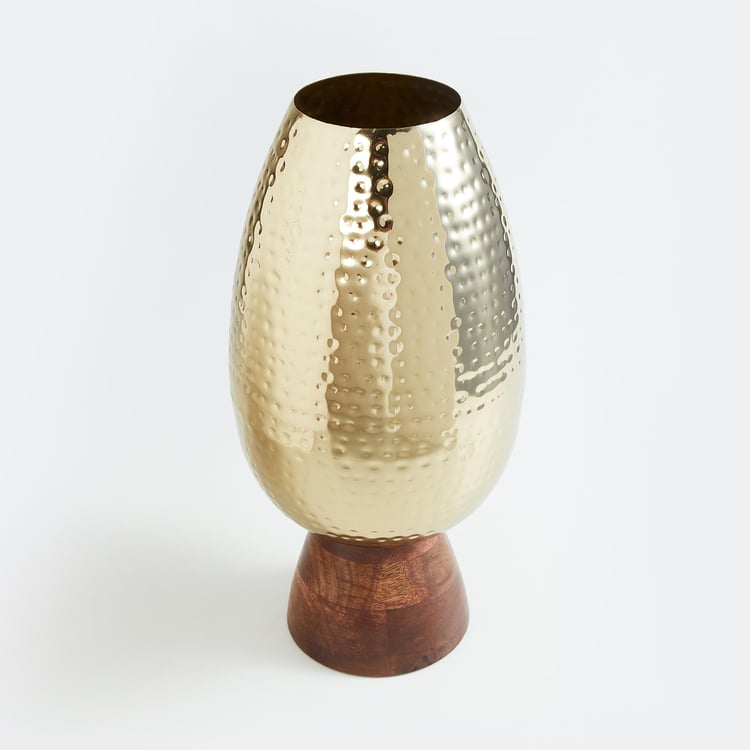 Gold Rush Metal Hammered Vase with Wooden Base