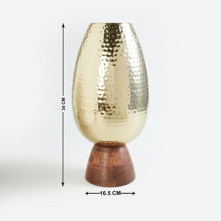 Gold Rush Metal Hammered Vase with Wooden Base