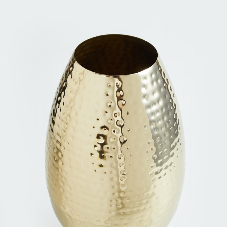 Gold Rush Metal Hammered Vase with Wooden Base