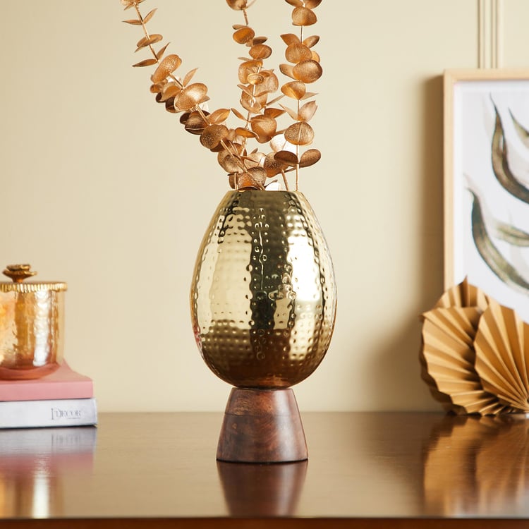 Gold Rush Metal Hammered Vase with Wooden Base