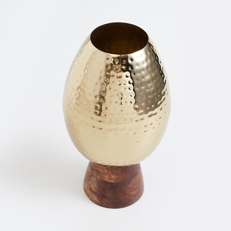 Gold Rush Metal Hammered Vase with Wooden Base