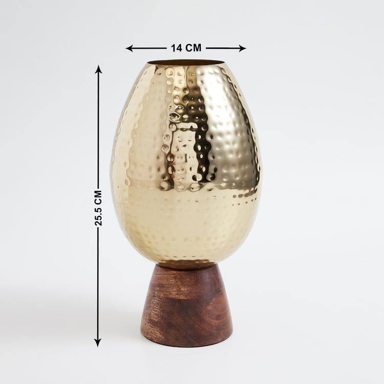 Gold Rush Metal Hammered Vase with Wooden Base