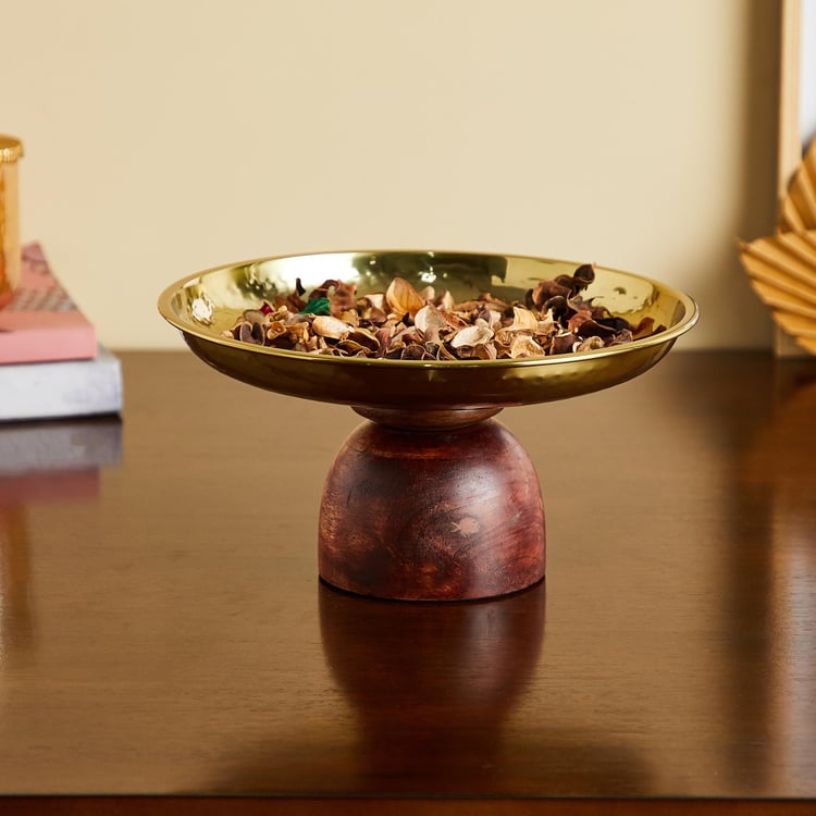 Gold Rush Metal Hammered Decorative Platter with Wooden Base