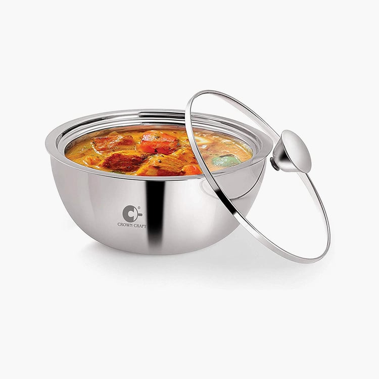 CROWN CRAFT Silver Solid Stainless Steel Curry Server Casserole With Glass Lid - 500ml
