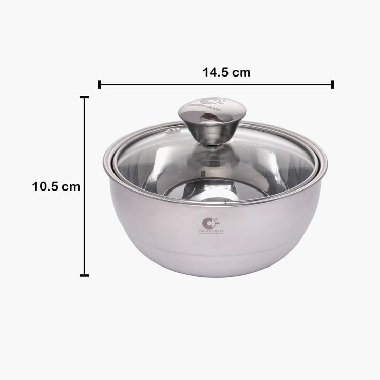 CROWN CRAFT Silver Solid Stainless Steel Curry Server Casserole With Glass Lid - 500ml