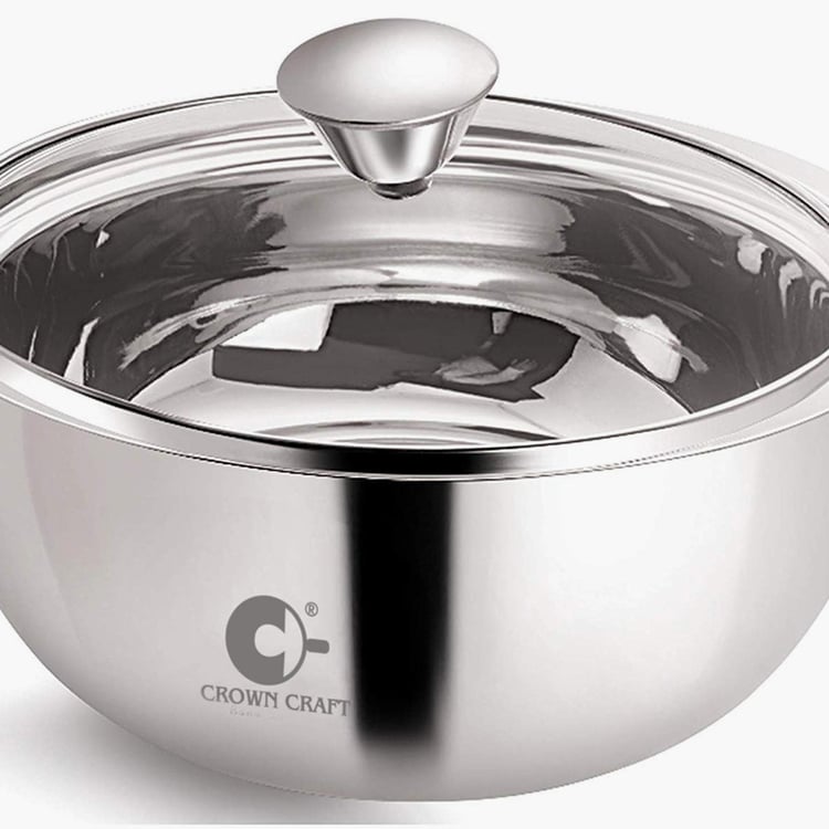 CROWN CRAFT Silver Solid Stainless Steel Curry Server Casserole With Glass Lid - 500ml
