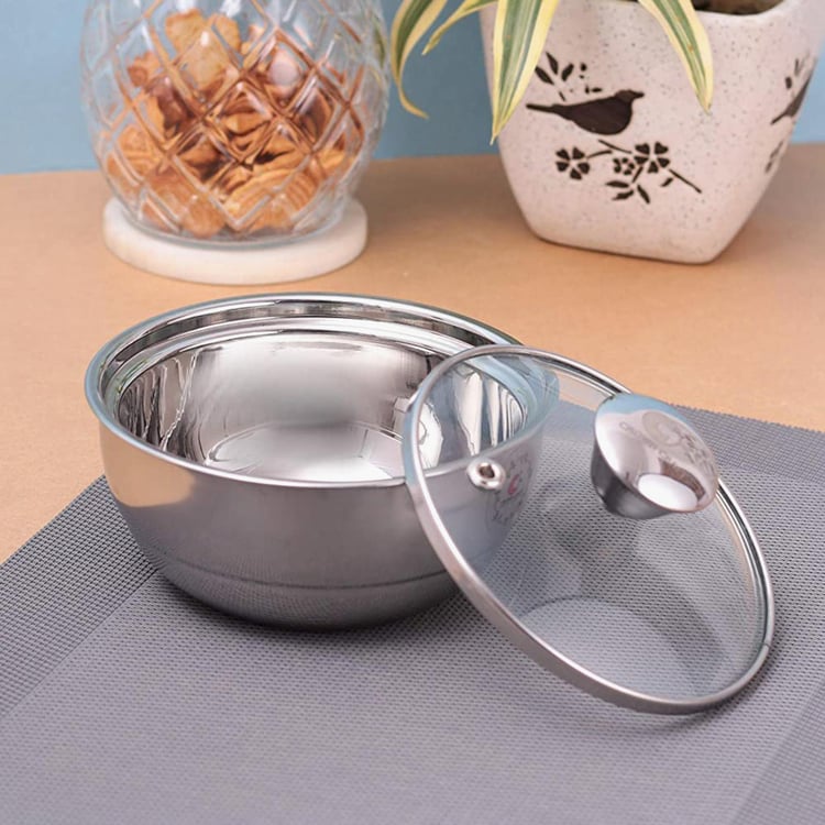 CROWN CRAFT Silver Solid Stainless Steel Curry Server Casserole With Glass Lid - 500ml