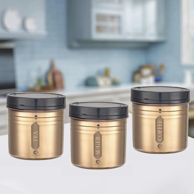 CROWN CRAFT Sterling Gold Stainless Steel Canister With Lid - Set of 3 - 500 ml